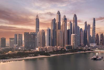 Dubai skyline and waterfront viewed at sunset