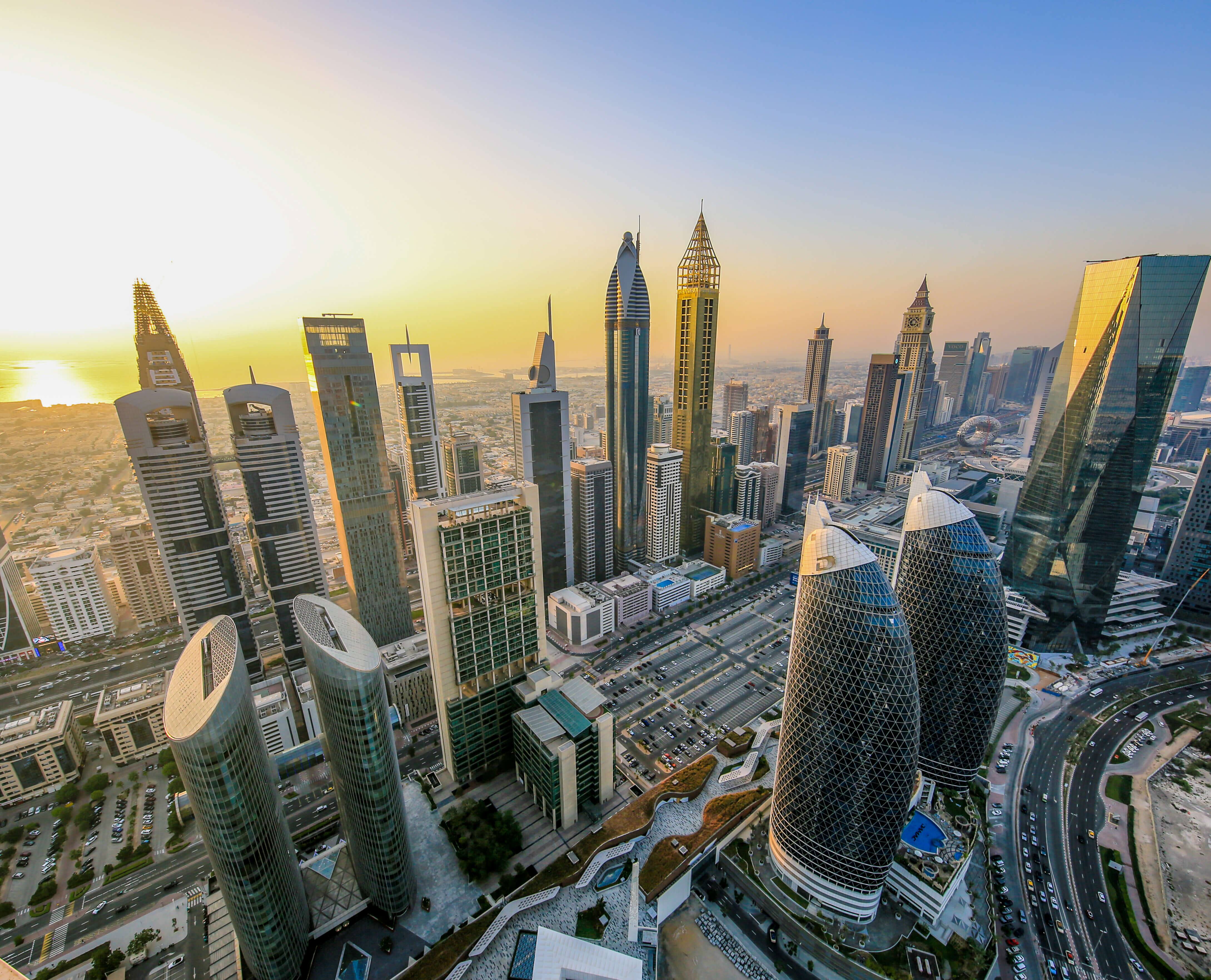 Sheikh Zayed Road, Dubai evening, aerial view