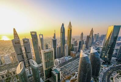 Sheikh Zayed Road, Dubai evening, aerial view