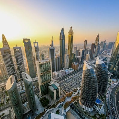Sheikh Zayed Road, Dubai evening, aerial view
