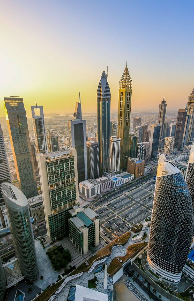 Sheikh Zayed Road, Dubai evening, aerial view