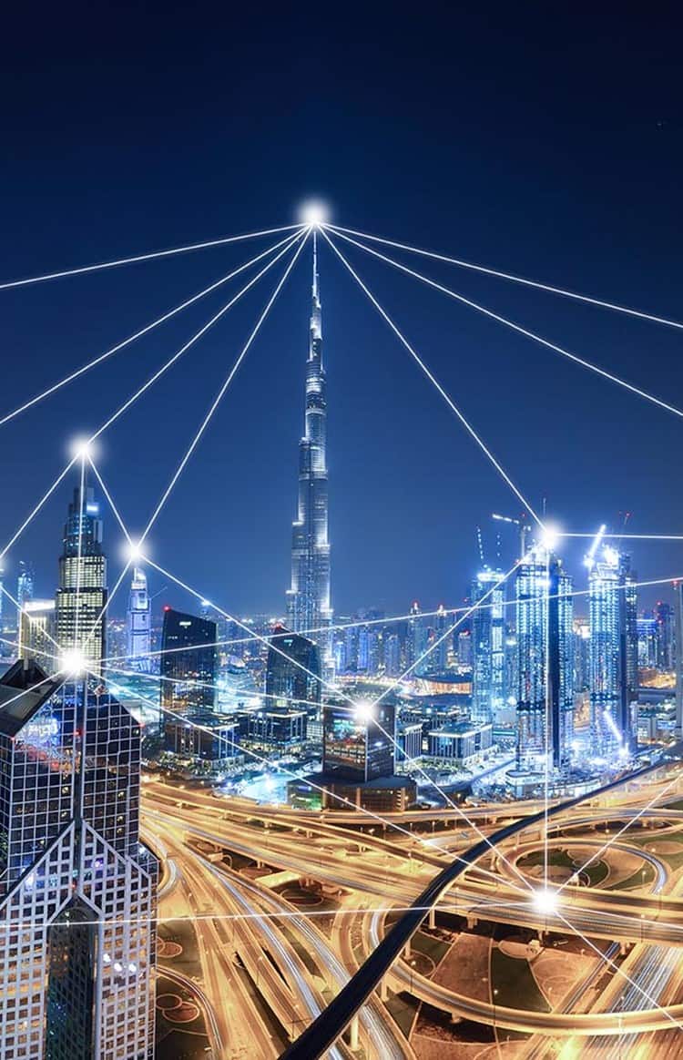 Dubai skyline with illuminated roads and digital connections across the city